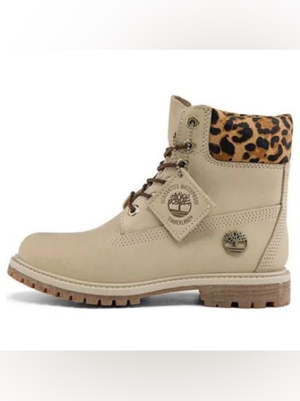 Timberland Beige Lace-Up Boots with Leopard Collar Womens Size 6